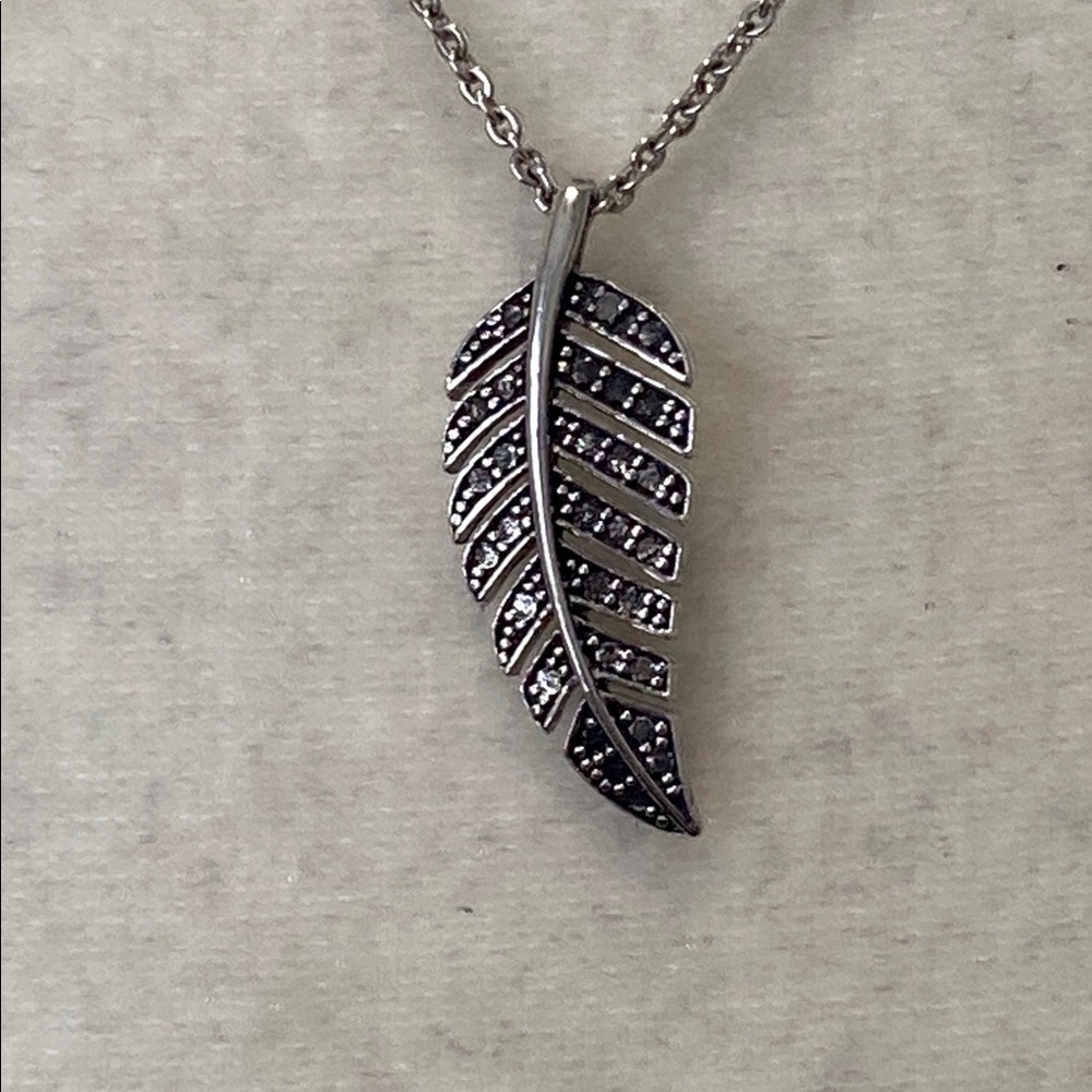 Feather Crystal Pave Marcasite Pendant 925 Sterling Silver Necklace Statement